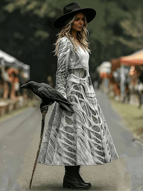 women gothic a line midi dress with long sleeves retro skeleton skull print dress suitable for halloween party costume cosplay outfit themed events machine washable non dress