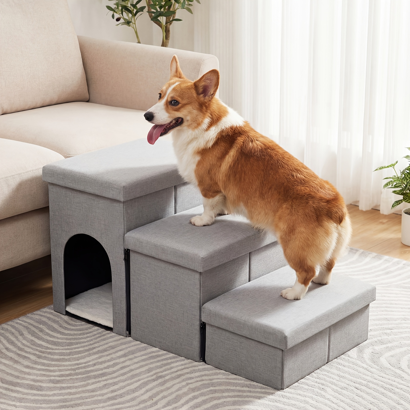 Senior Dog And Large Cat Ramp, Gentle Slope Anti-slip Pet Stairs, , Detachable, Sturdy Structure, Assist Getting Sofa And Bed Ramp, Gray And Beige Optional