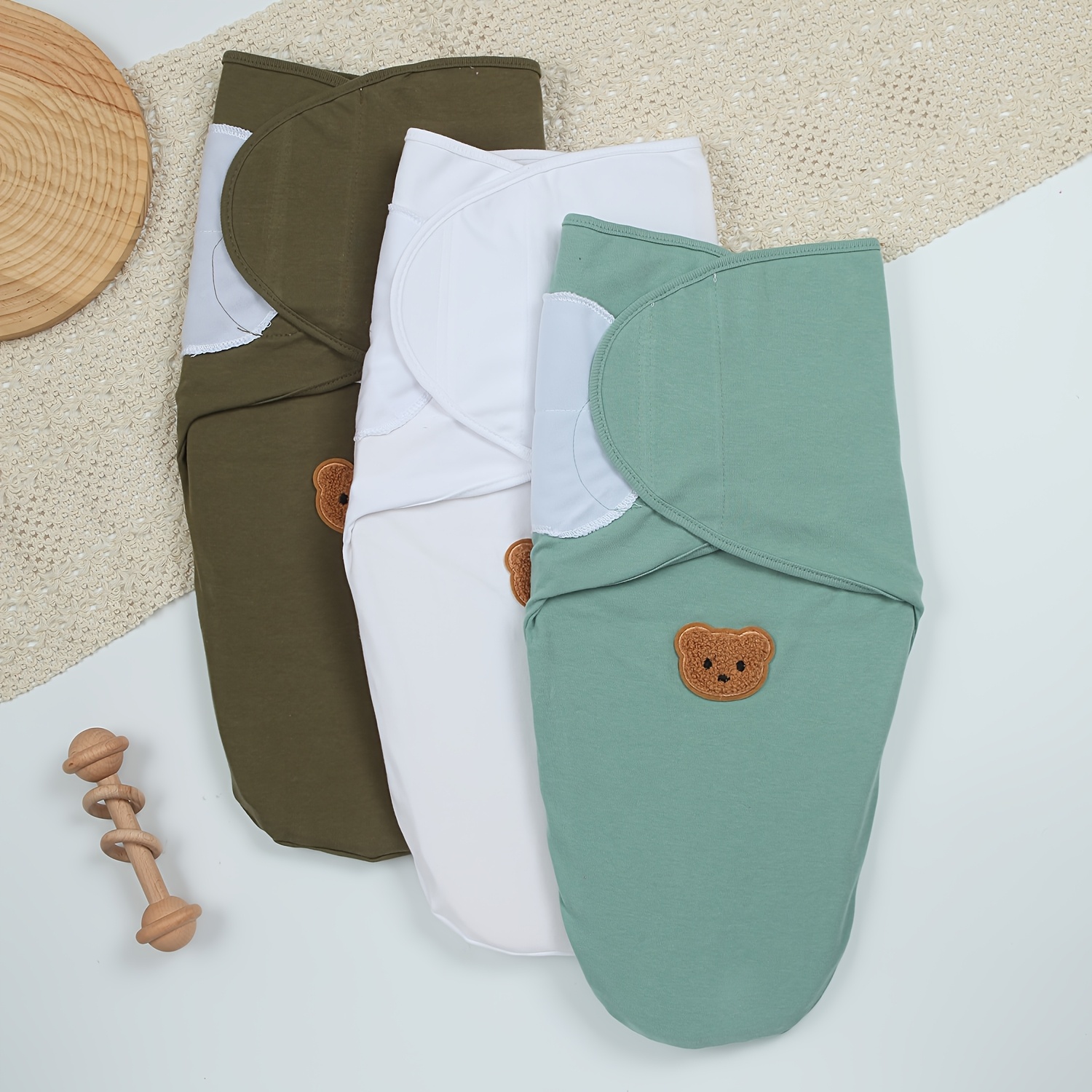 3pcs Baby Pure Swaddle Set, Bear Applique Design, Soft And Comfortable, Suitable for 0-3 Month Old Babies, Baby Swaddling Blanket, Universal for All Seasons, Newborn Supplies