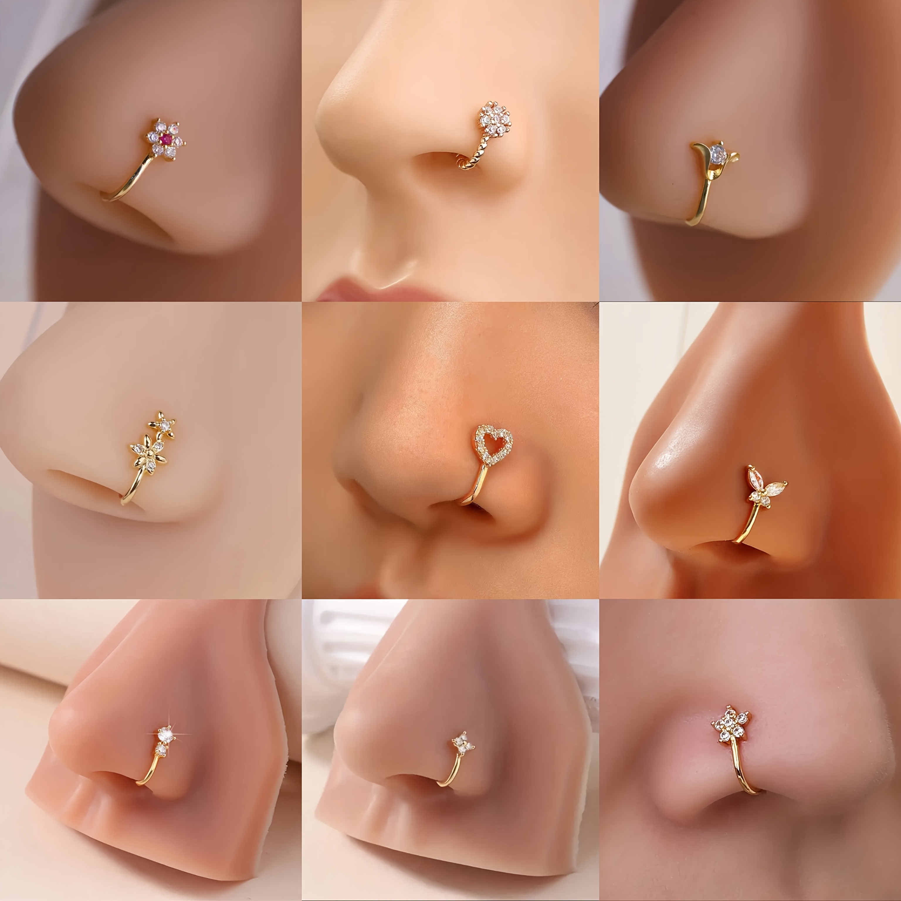 TEMU 9pcs Fashionable And Minimalist Nose Ring Set, No Piercing Required, Versatile Accessory For Daily And Festive Wear