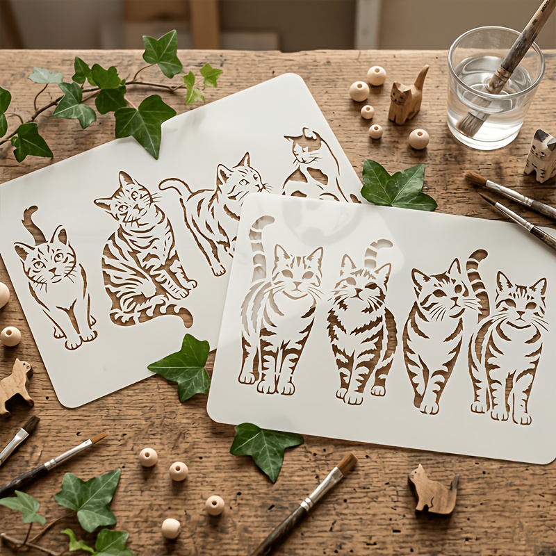 TEMU 2pcs Cat Silhouette Hollow Templates - Reusable Animal Theme Painting Template Suitable For Wall Art, Fabric, Canvas, , Card Making, Spray