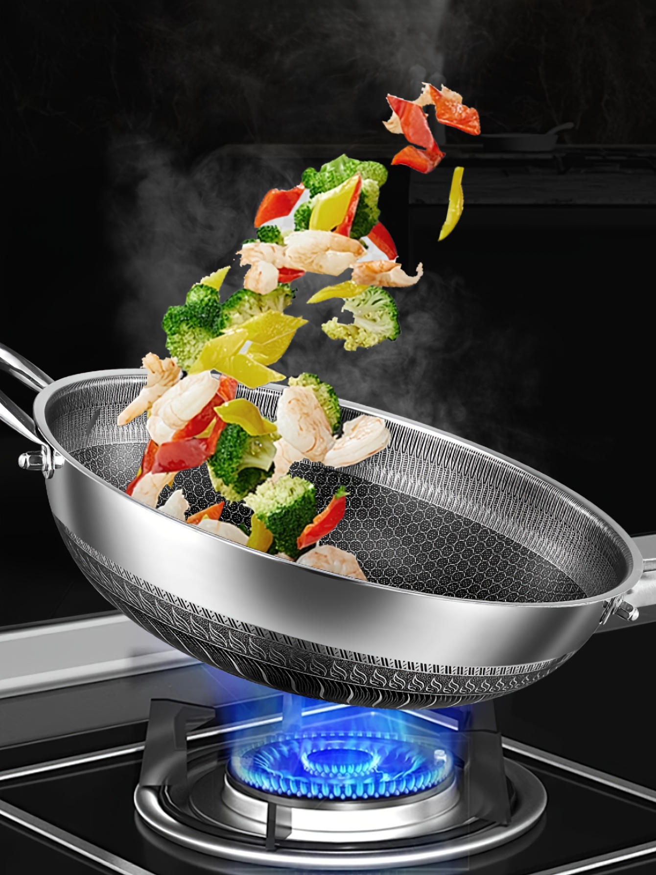 1 piece stainless steel frying pan household flat bottom frying pan induction cooker gas stove frying pan with lid and handle fried fish fried egg non stick pan frying steak pan kitchen honeycomb non stick frying pan camping frying pan 32cm 34cm 36cm details 1