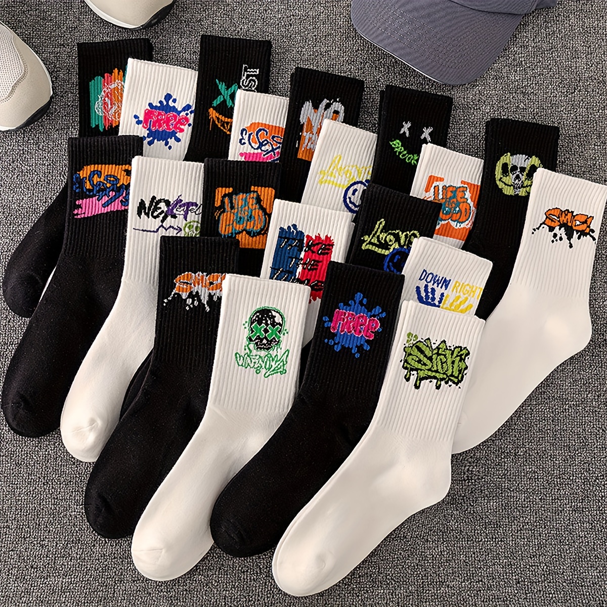 

20 Pairs Of Men's Trendy Street Style Colorful Painting Print Crew Socks, Comfy Breathable Soft & Elastic Socks, Men's Hosiery