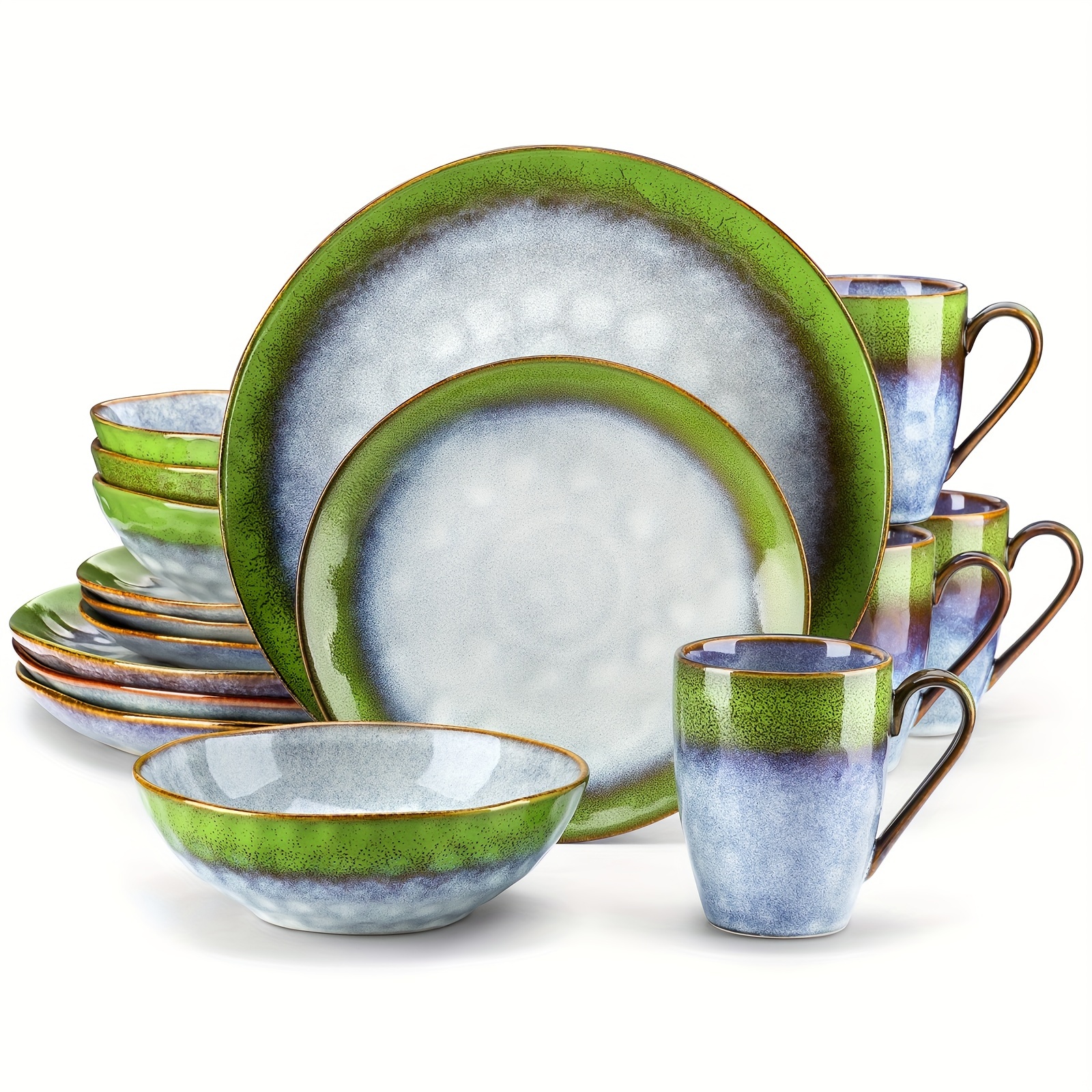

16 Piece Dinnerware Set Stoneware Kiln Change Glaze Tableware Plate Bowl Service For 4