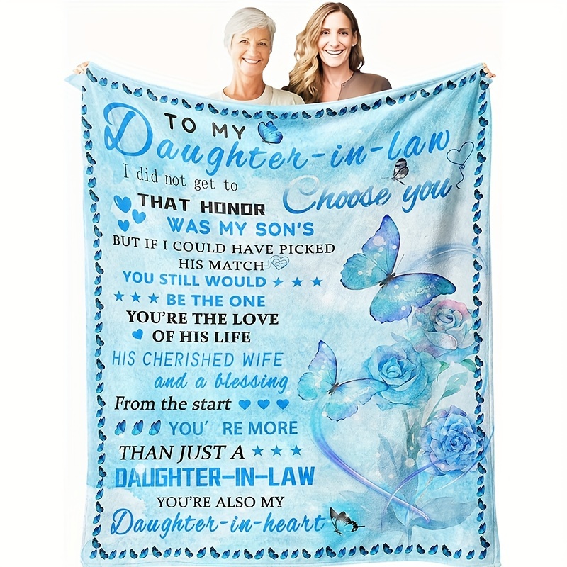 

Style Daughter-in-law Inspirational Quote Flannel Throw Blanket - Soft Polyester Knitted All Seasons Blanket With Blue Roses And Butterflies Pattern, Ideal Gift For Beloved Daughter-in-law