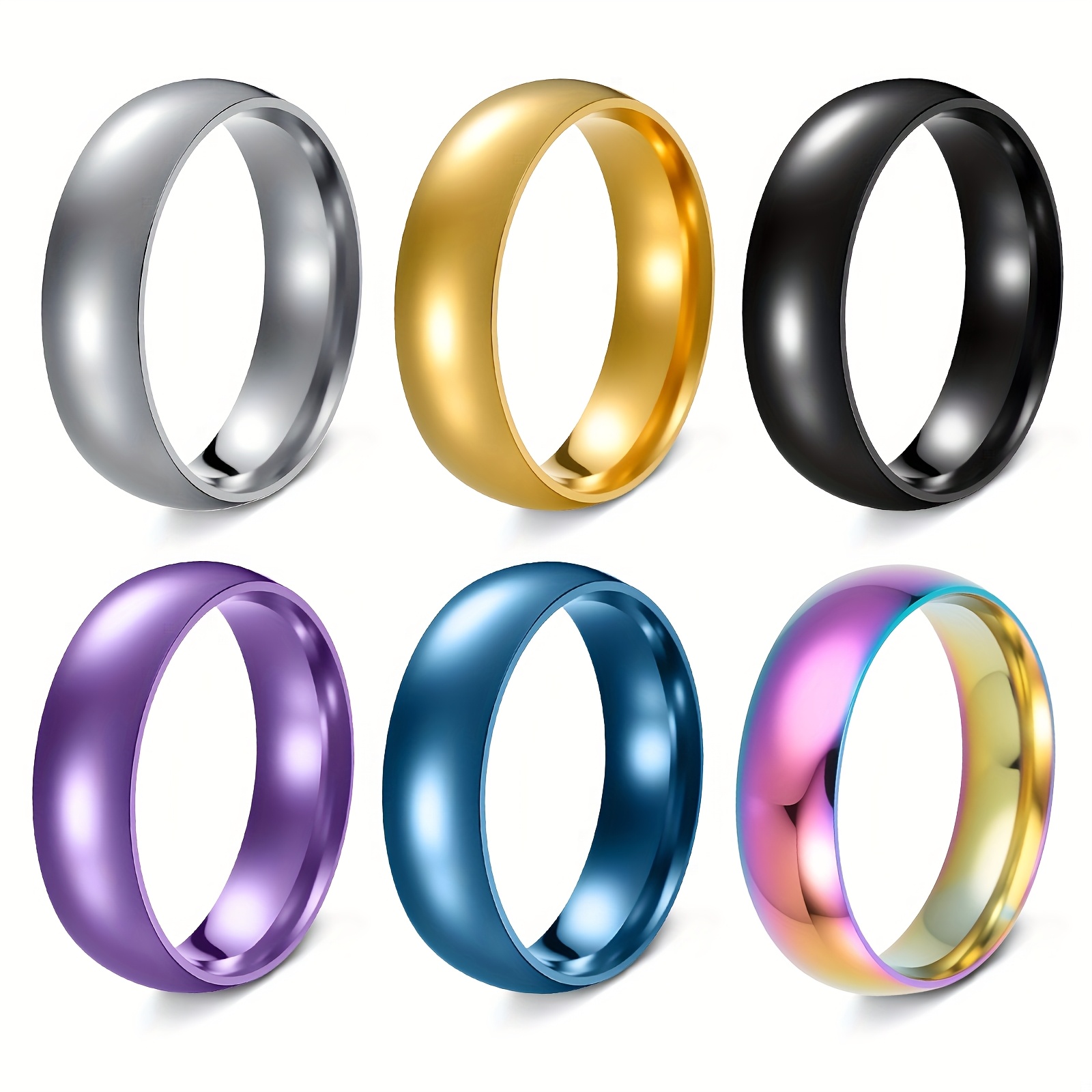 TEMU 6pcs Simple 6mm 201 Stainless Steel Ring Women Men Prevent Allergy High Polished Wedding Rings 201 Stainless Steel Couple Finger Jewelry Gifts