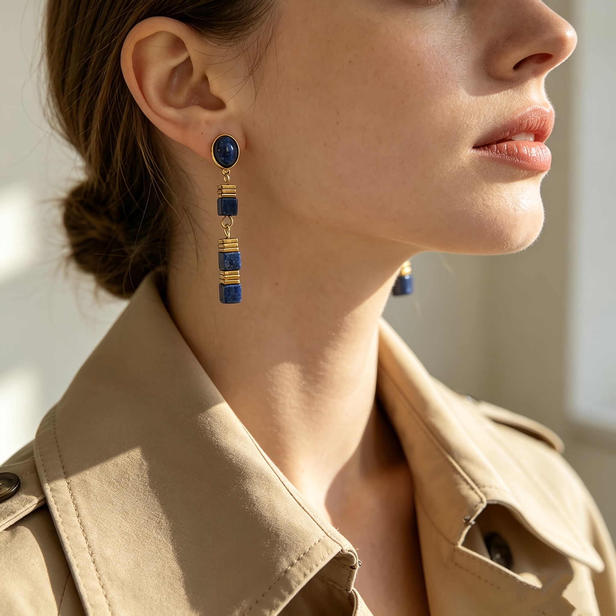 TEMU 1 Pair Unique Geometric Spliced Long Drop Natural Stone Earrings, Bohemian Fashion Jewelry For Women, Daily Wear, Vacation, Dating, Party,