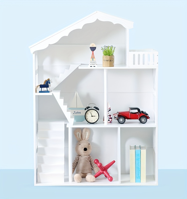 Wooden 3-Tier Doll House Bookshelf, White Kids Toys Storage Organizer, All-Season Playroom Nursery Shelves, Ideal Gift for Ages 3-8, Boys & Girls Bedroom Decor