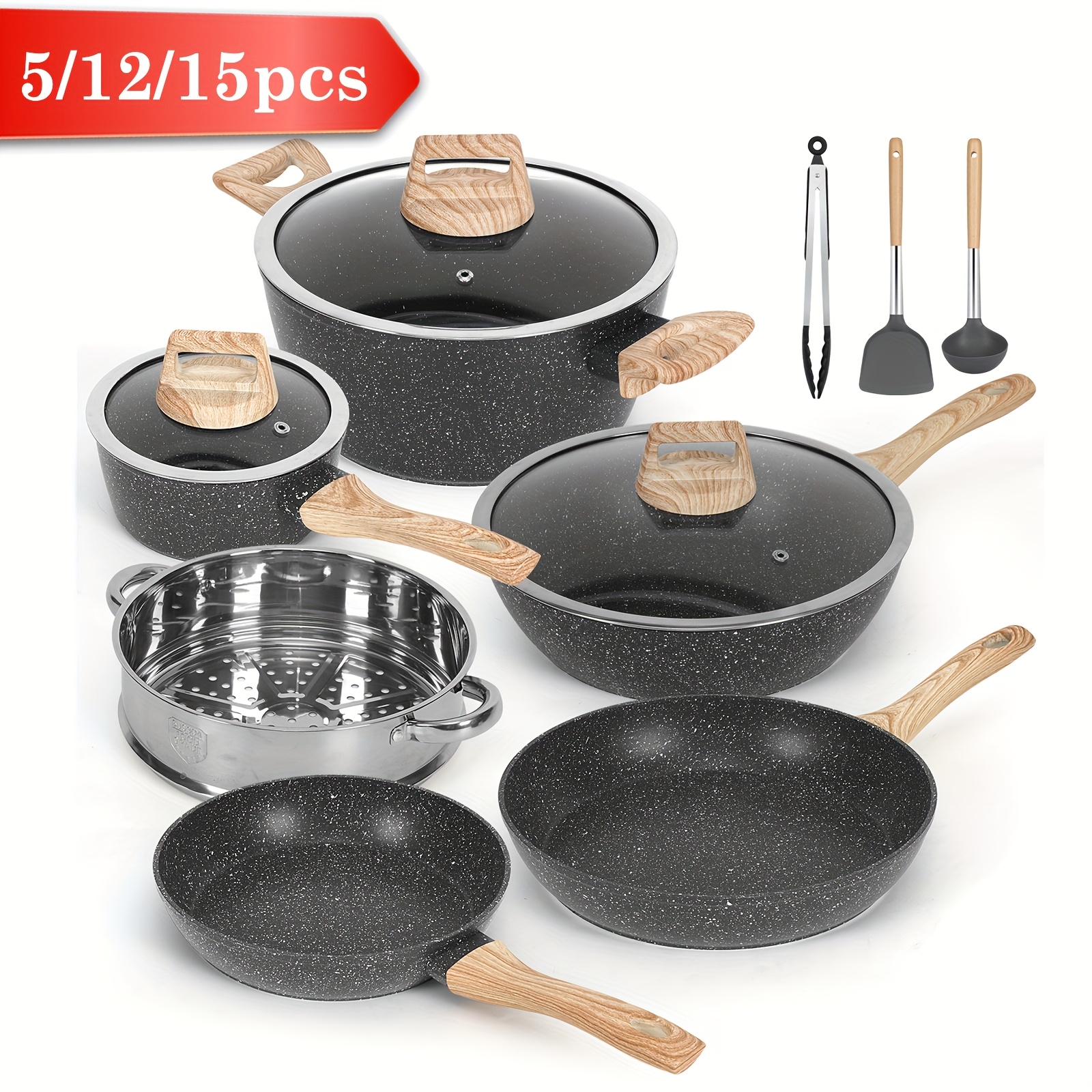 

12/5/15pcs And Pan Set Pot Set, Kitchen Cookware Set Detachable Handle, Cooker Induction Cookware Set, Detachable Handle, Cookware Set For Commercial Cooking Tools