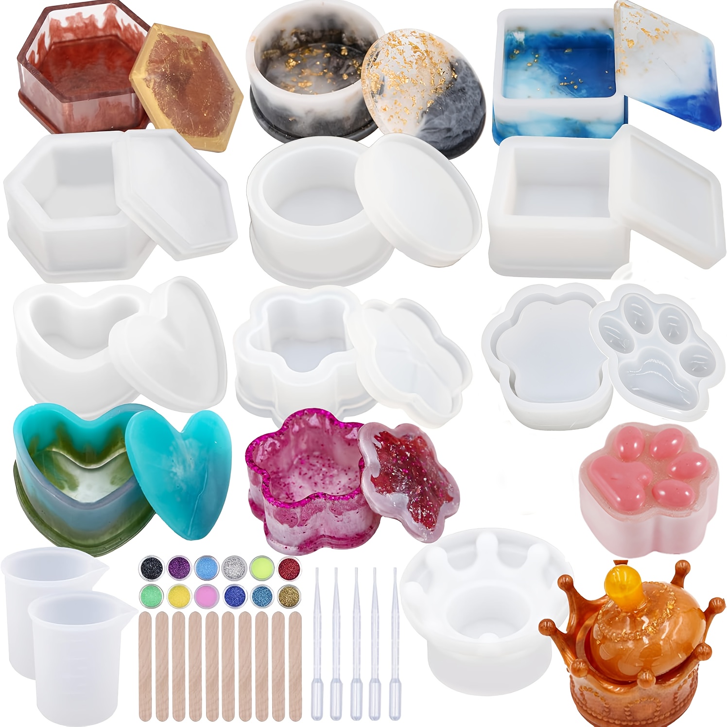 TEMU 43pcs Silicone Molds For Resin, Epoxy Crown Shape Mold Heart Shape Mold With Mica Powder For Storage Box Jewelry Trinket Container Diy Resin