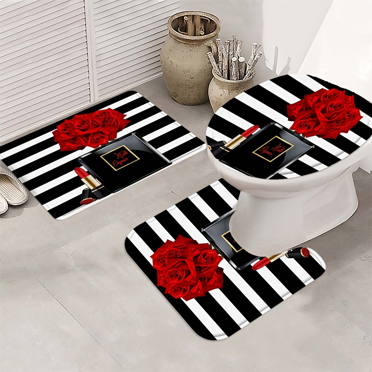 4pcs Classic Red and Black Rose Shower Curtain Set
