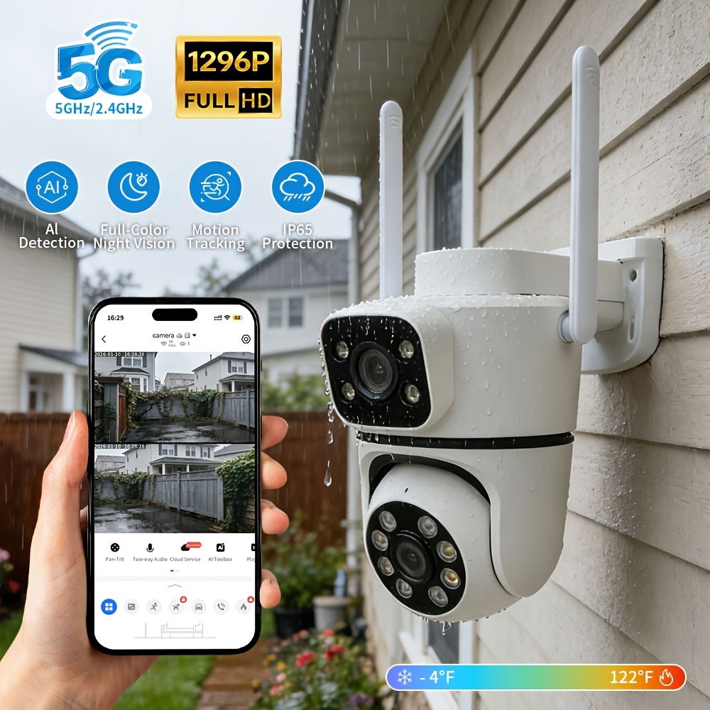 TEMU Upgrade To High-quality 2.4g/ 5g Rainproof Dual-lens Wireless Ip Camera, Ptz Outdoor Security Camera, Automatic Tracking, Function,