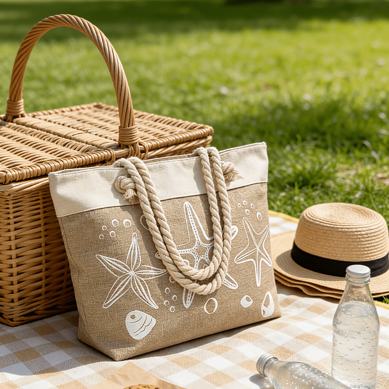 TEMU A Spacious Starfish Tote Bag For Women, Featuring A Rope Handle, Perfect For Casual . Ideal For Seaside Vacations, Summer Picnics, Shopping, And