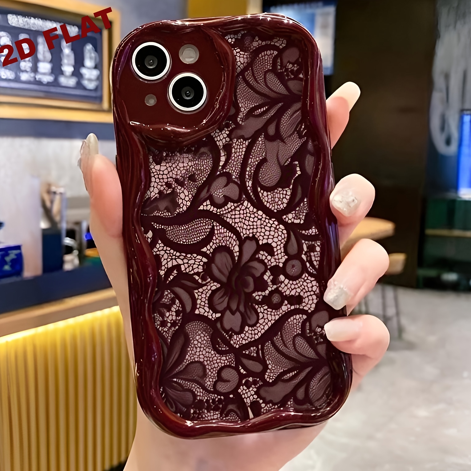 TEMU Phone Case: Vintage Wine Red Lace 2d Pattern Wavy Border Phone Case, Suitable For Iphone 17, Iphone 17 Pro Max, Iphone 17 Pro/16/11/13/ Plus/15