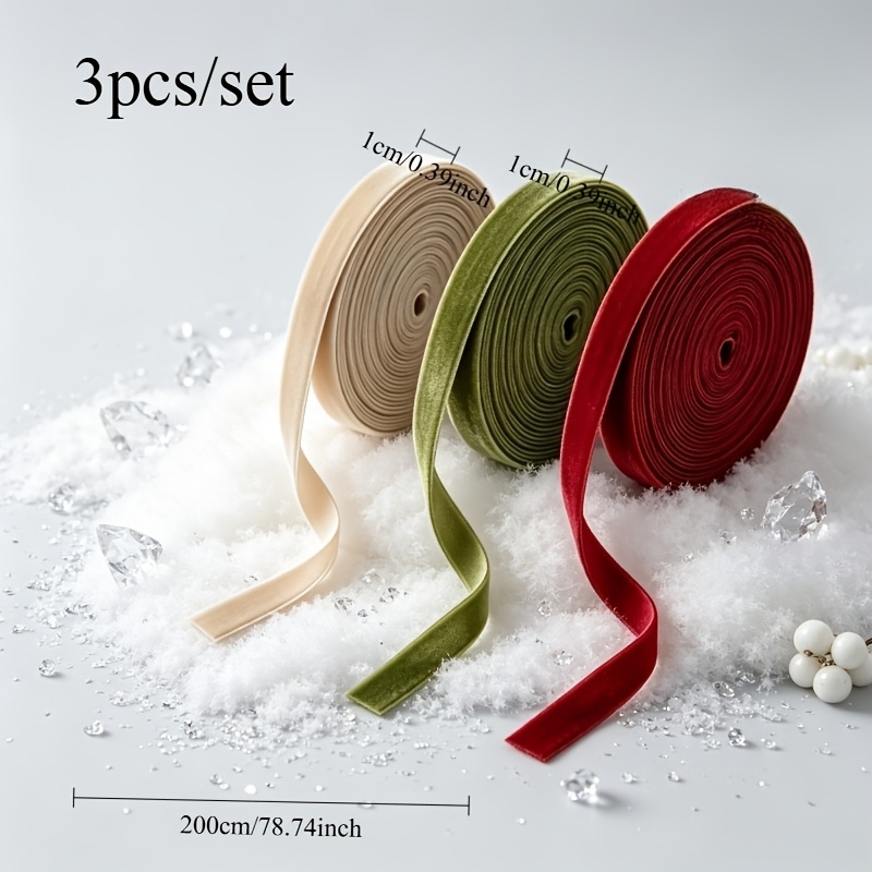 TEMU 3pcs/set Of Velvet Ribbons, Width 1cm, Total Length 200cm Premium Christmas Satin Ribbons Suitable For Christmas Tree Decoration, For Handmade