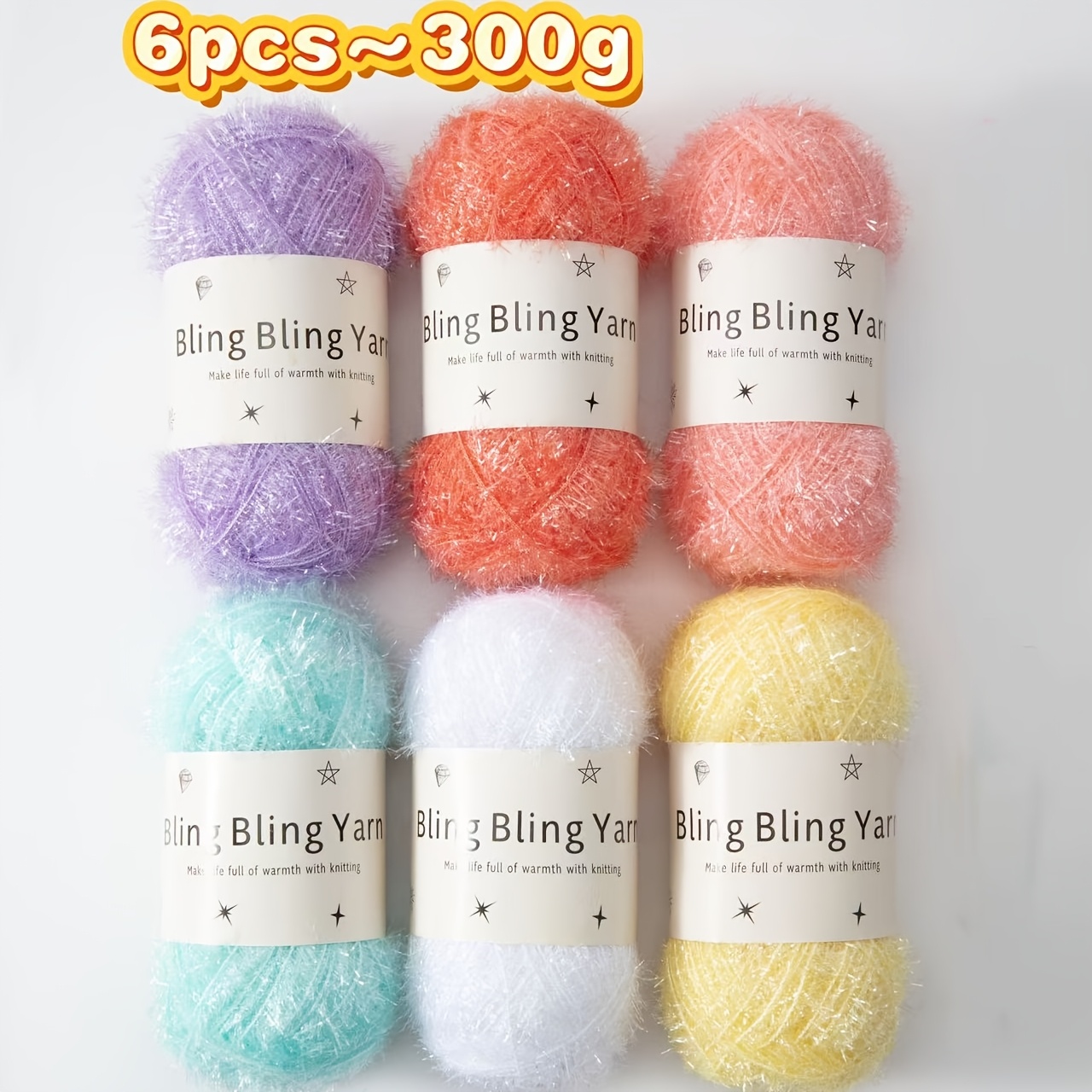 TEMU 6pcs 300g Bling Bling Eyelash Yarn, Colorful Sparkle Glitter Fuzzy Yarn, Soft Shiny Crochet Thread For Diy Bag Hair Accessories Craft Knitting