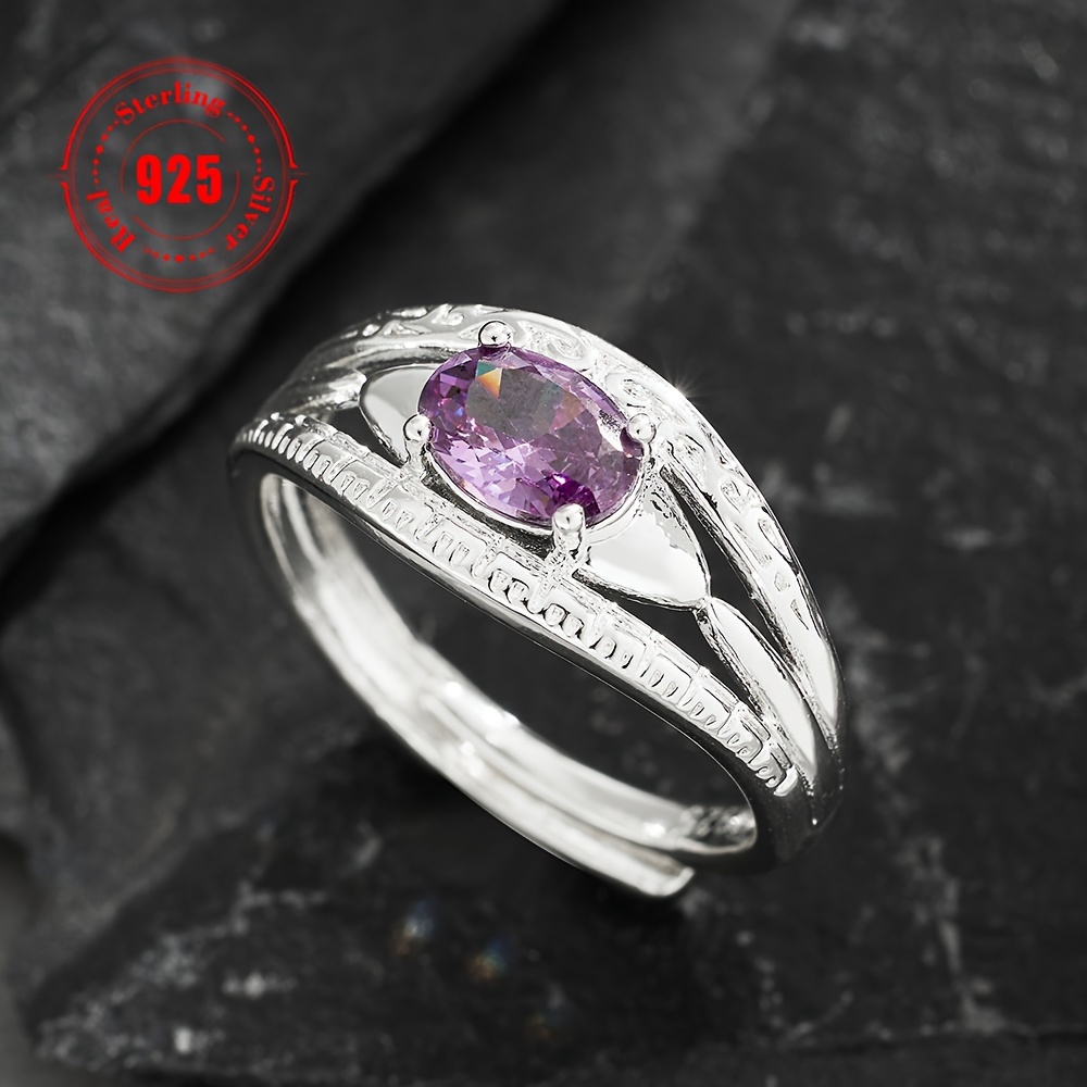

1pc 925 Sterling Silver Ring Inlaid Waterish Zirconia In Purple Symbol Of Beauty And Mystery High Quality Adjustable Ring