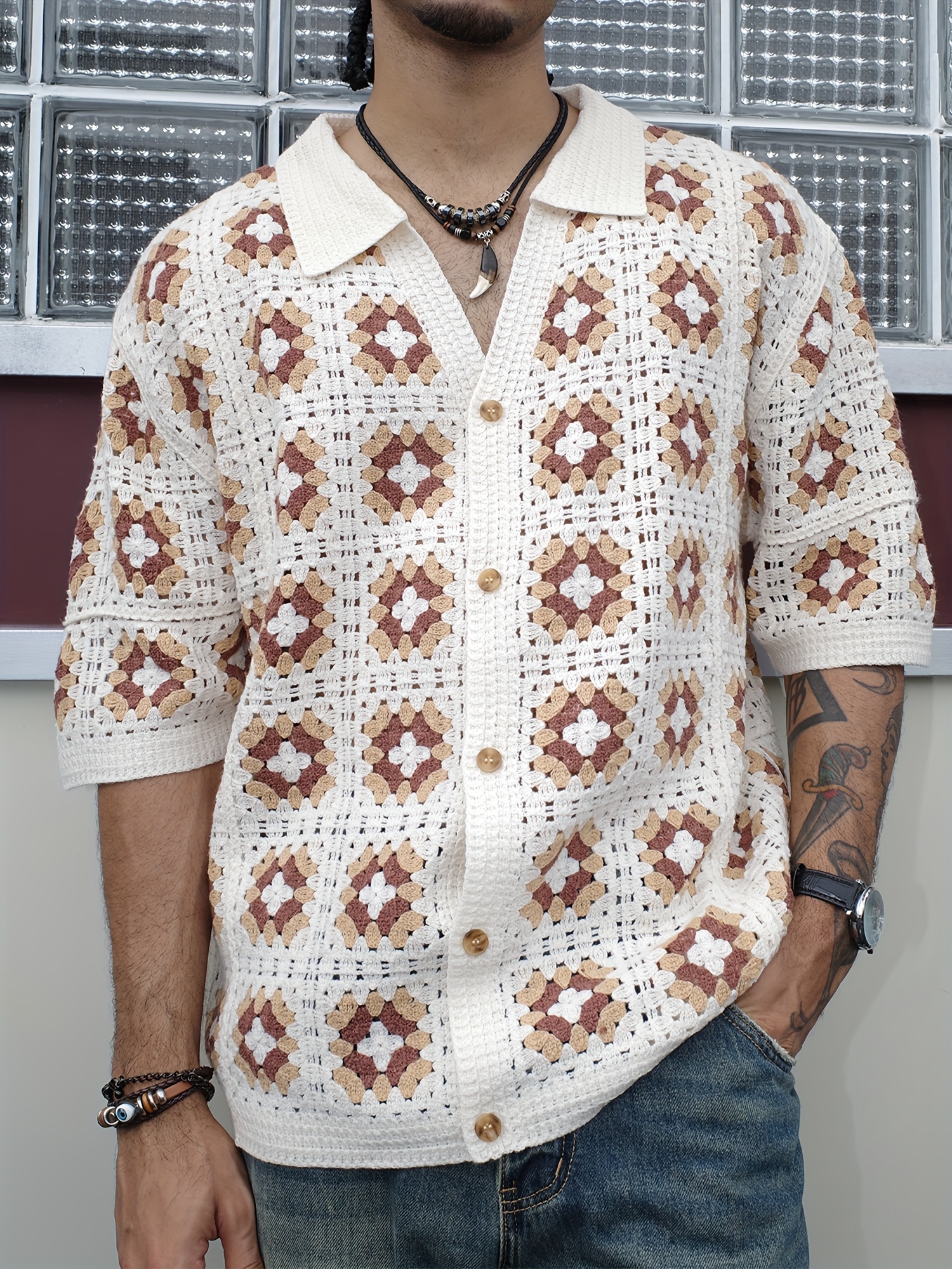 トップス Open-Knit Button-Through Shirt knit shirts sold on Temu United States