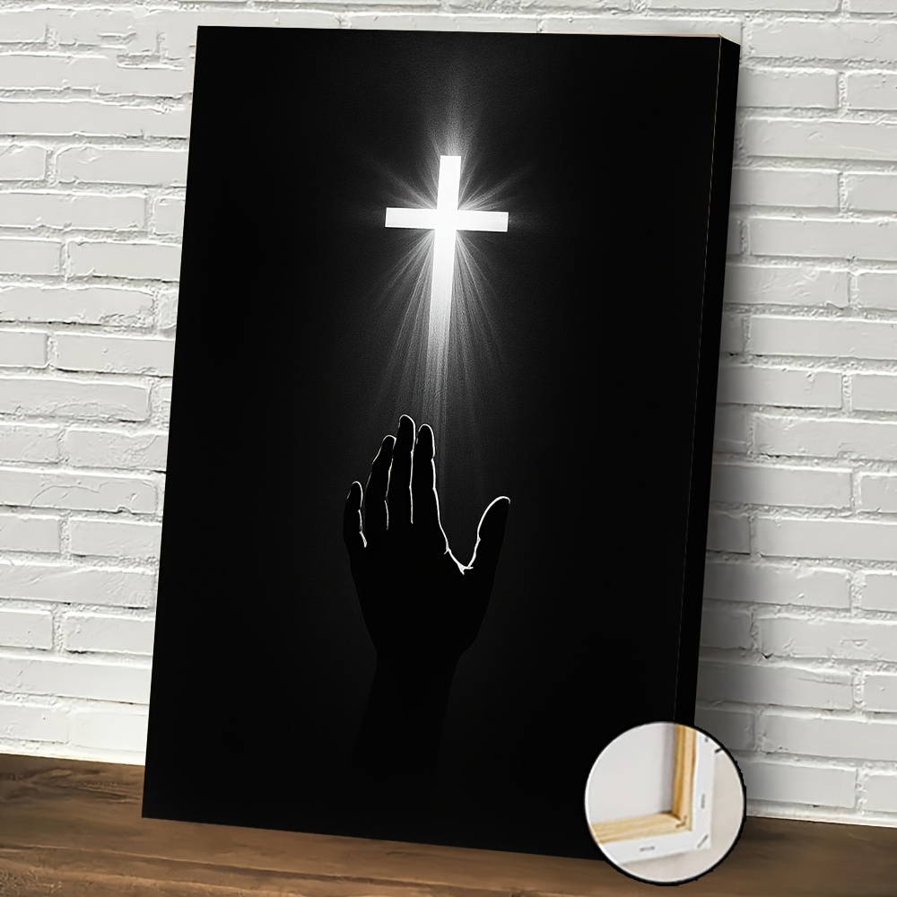 1pc Modern Minimalist Cross Wall Art with Wood Frame - Vertical Religious Iconography Suitable for Living Room, Bedroom, Church - Winter/Autumn Decor, Vertical Canvas