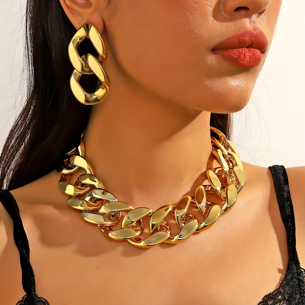 

Chunky Hip-hop Acrylic Earrings And Necklace Set, Golden Jewelry, Oversized Link Chain Fashion Accessory For Party Outfit