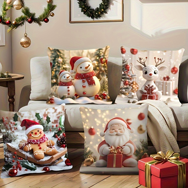 

4pcs 3d Christmas Cushion Covers - , Zippered Polyester Pillowcases, , For Sofa