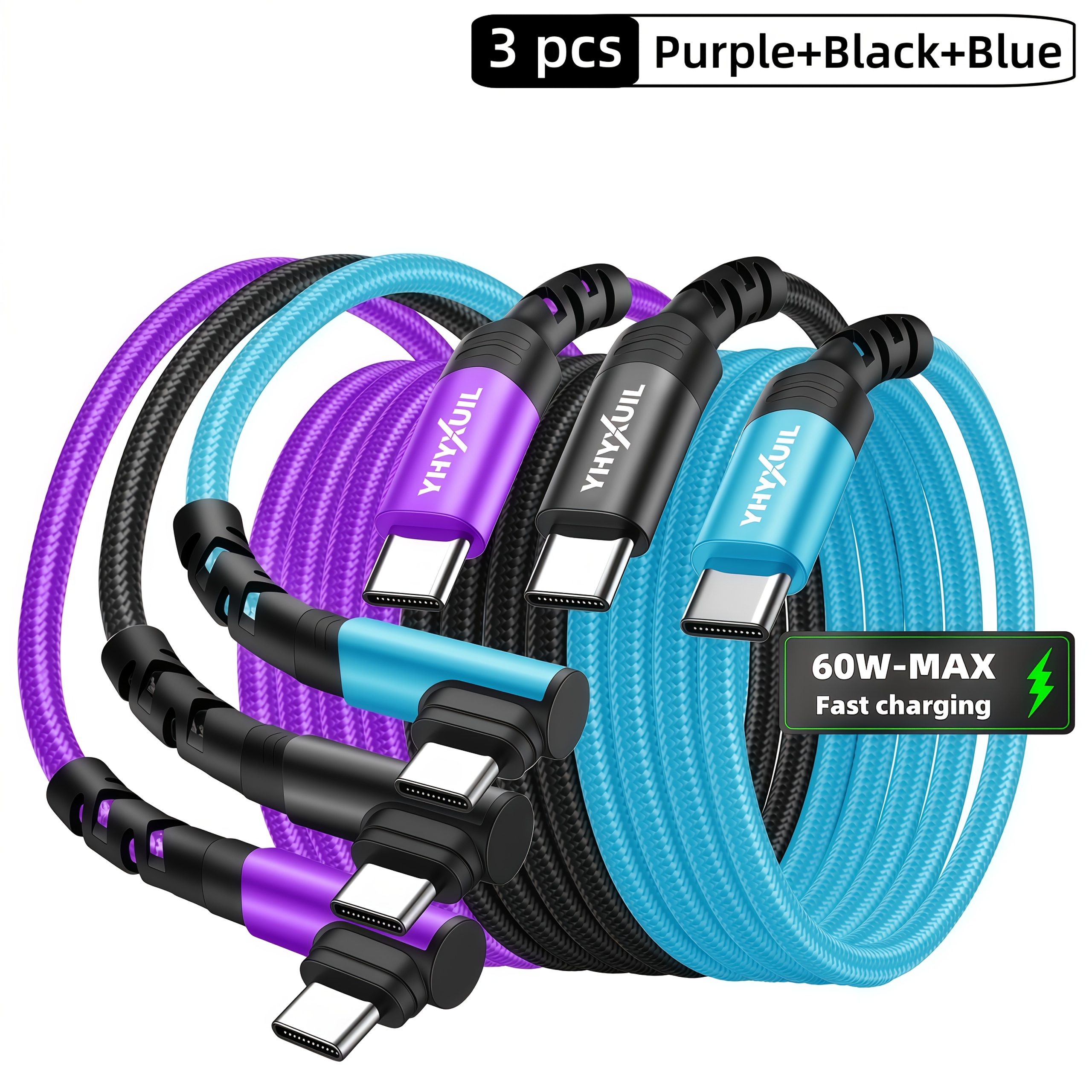 3pcs Type C Charger Cable | Fast Charging, Right Angle Usb C To Usb C, Braided, For Iphone 17/16/15 Series, For , For Huawei, Oppo, Oneplus, 3.3ft/6.6ft/9.9ft