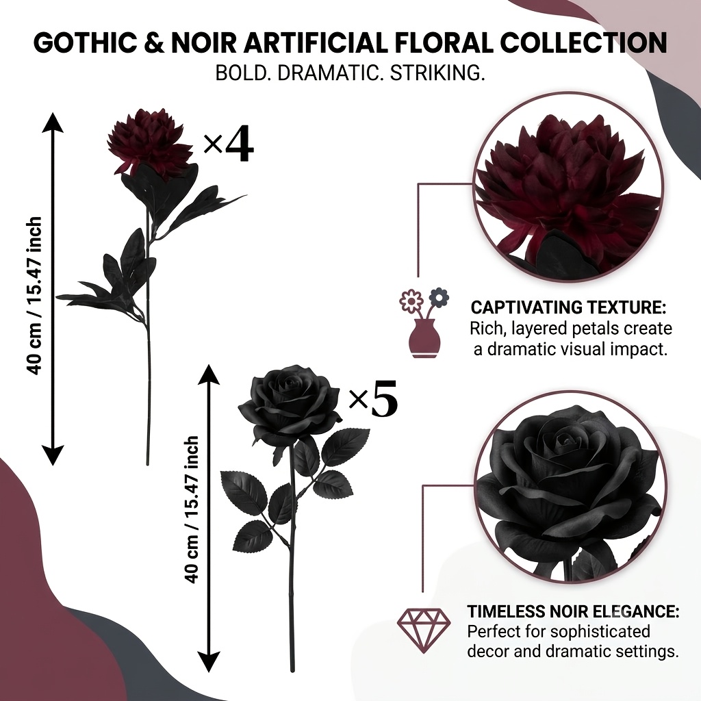 TEMU 9-stem Black Rose And Wine-red Dahlia Mixed Artificial Flower Bouquet, Dark Gothic Autumn Halloween Home Decor Floral Arrangement, Suitable For