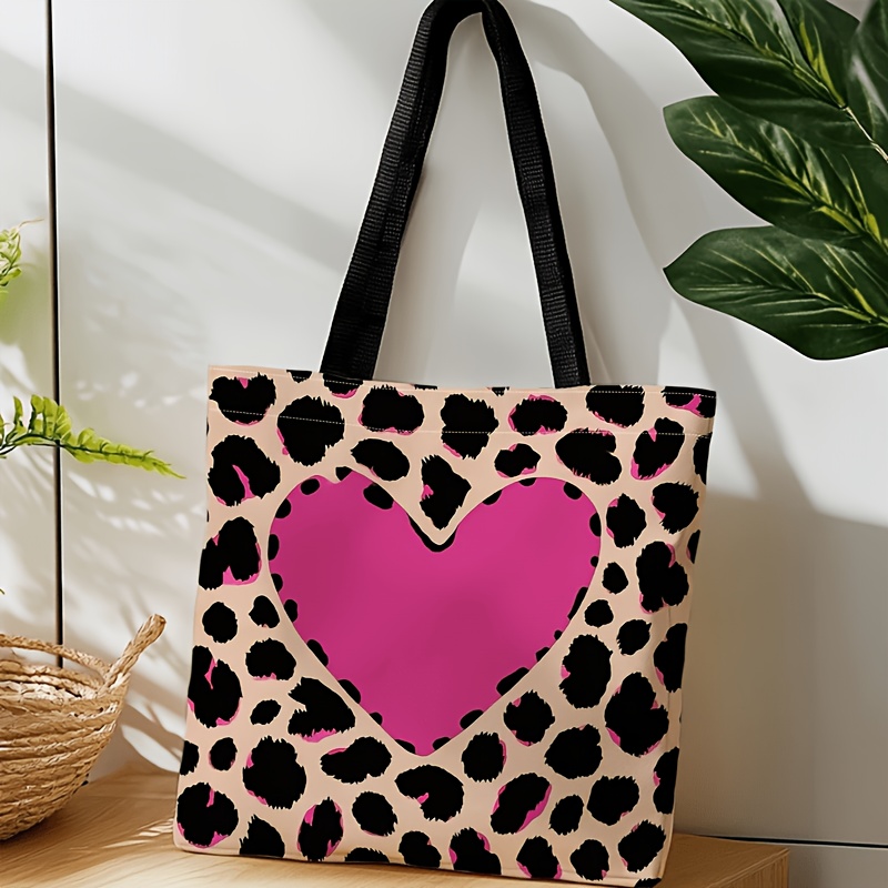 TEMU 1pc Leopard Print And Pink Heart Pattern Tote Bag, Portable Design, Fashionable Large Capacity, Shoulder Strap And Hand Carry Dual-use Bag,