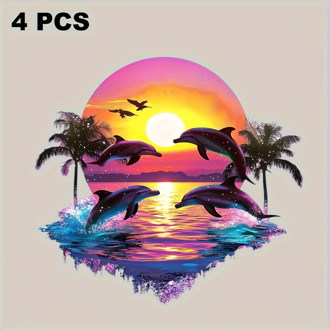 TEMU 4pcs Durable Washable Ocean Sunset Scenes, Long- , , Long-lasting Dolphin And Palm Tree Iron-on Transfers, Vibrant Mixed-color Heat Transfer
