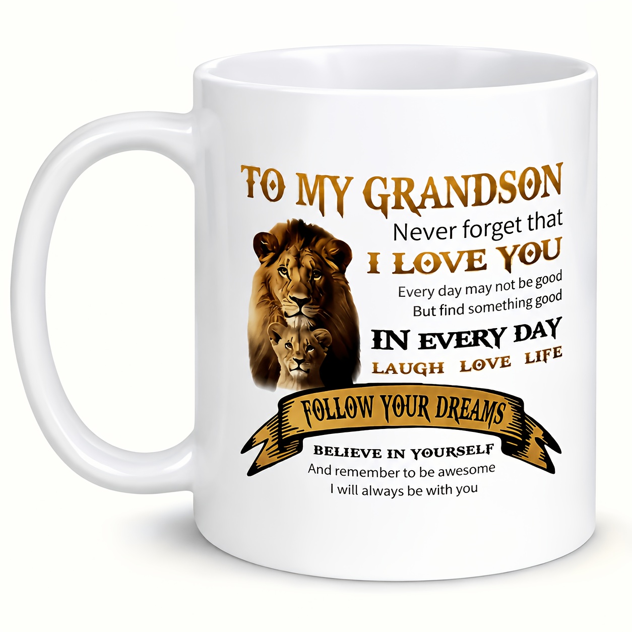 TEMU 1pc Lion Print Ceramic Mug Suitable For Grandson Gift - Black Handle & Rim, Reusable Coffee Cup For Hot/cold Drinks, Durable For Birthdays,