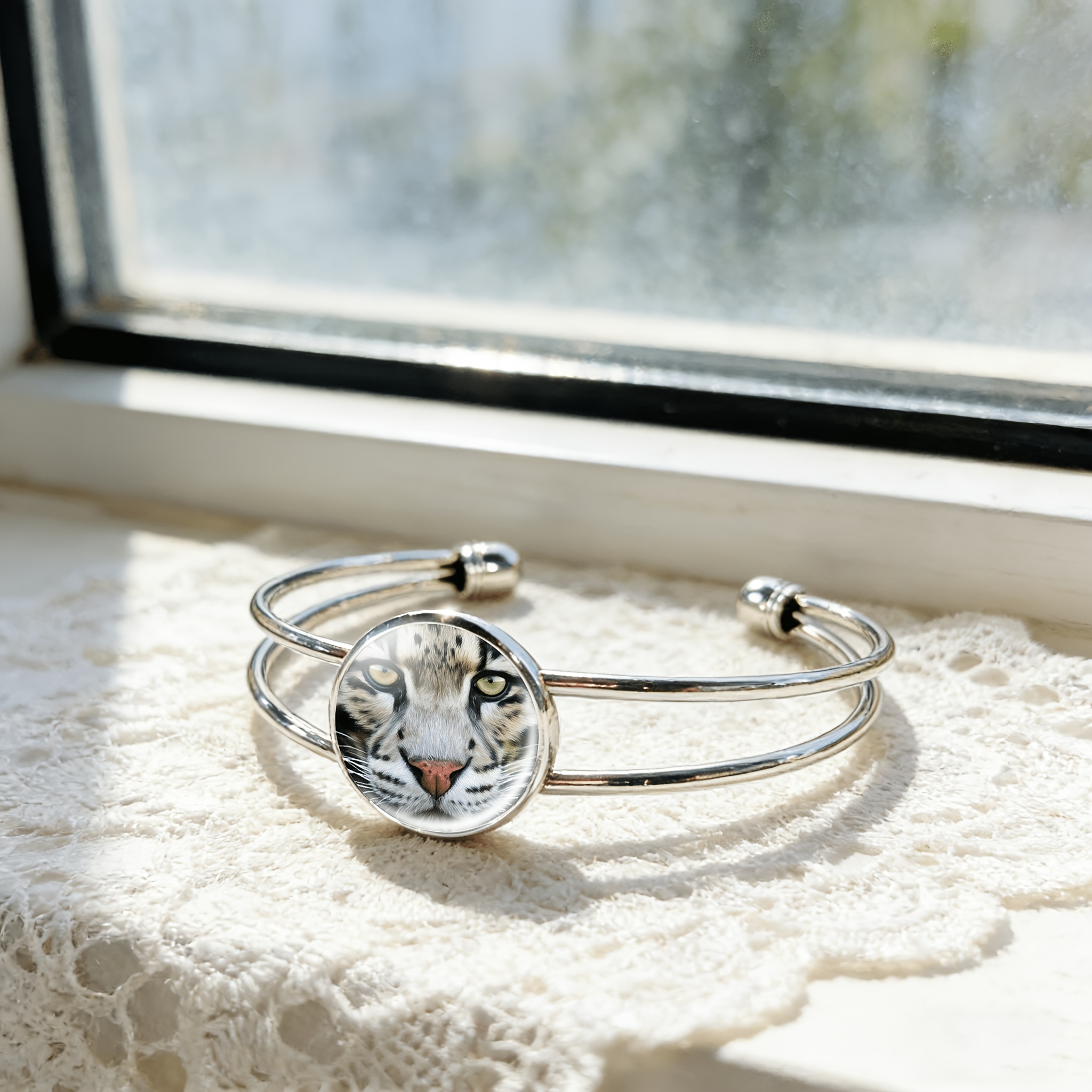 Adjustable Open-end Bangle with Round Gemstone Inlay