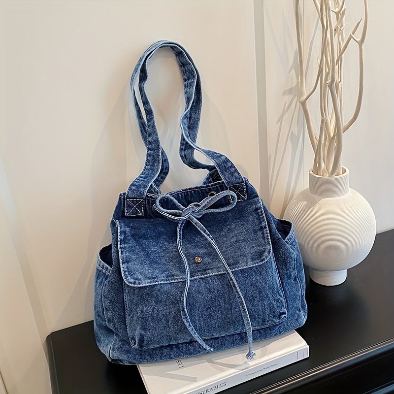 TEMU Sac à bandoulière vintage délavé pour femme, sac à cordon multi-poches, sac de style preppy