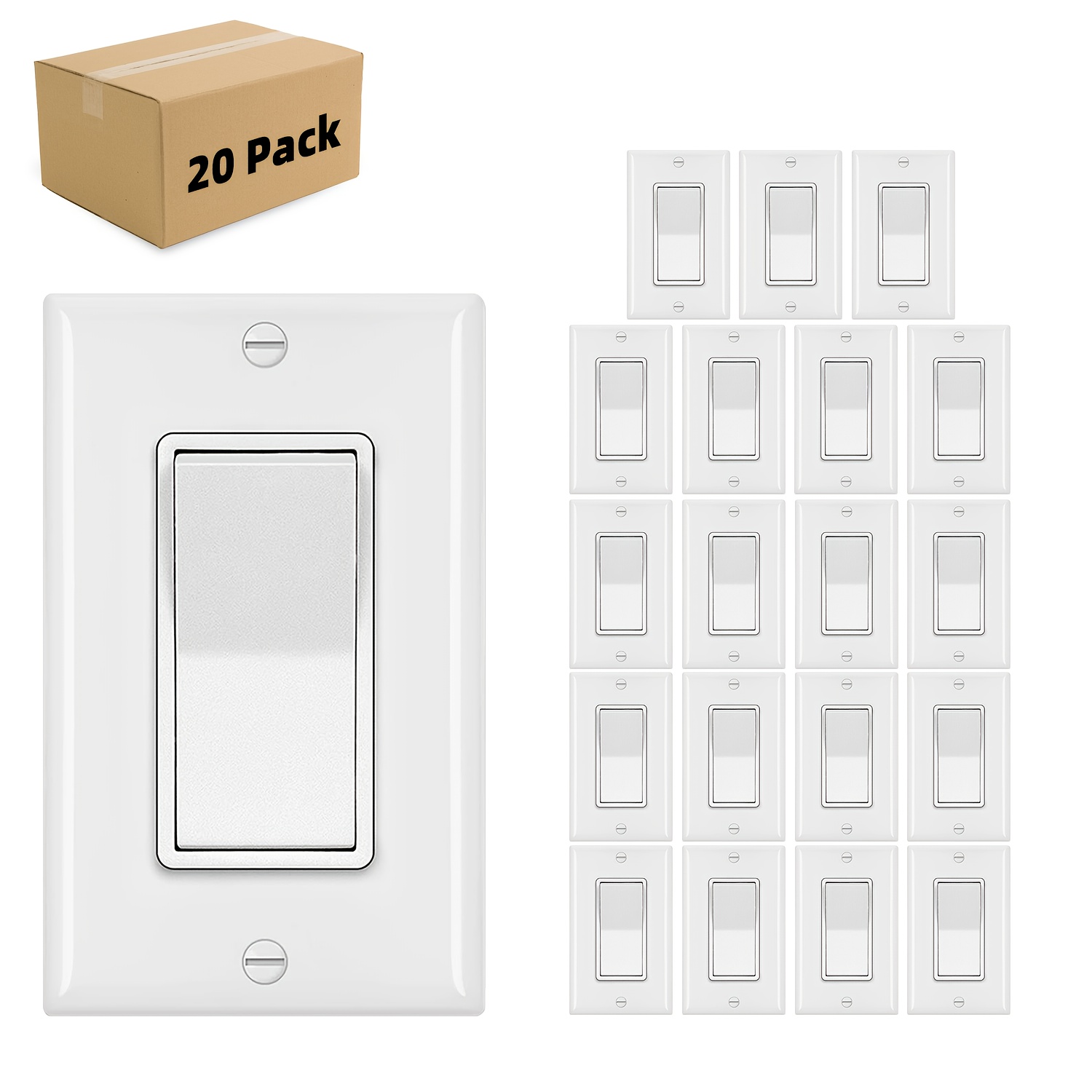 TEMU 10//40/80 Pack Light Switch, Single Pole Paddle Rocker Residential Grade 3 Wires Grounding Screw 15a 120v/277v (single Pole, With Wallplates)