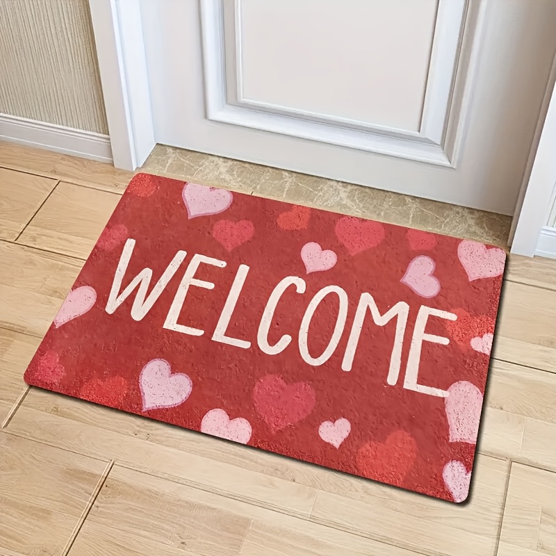 

1pc Valentine's Day Welcome Doormat - Hearts Design, Machine Washable, Stain Resistant, Low Pile, Polyester Rectangle Mat For Home And Porch, Romantic Housewarming Gift Decor