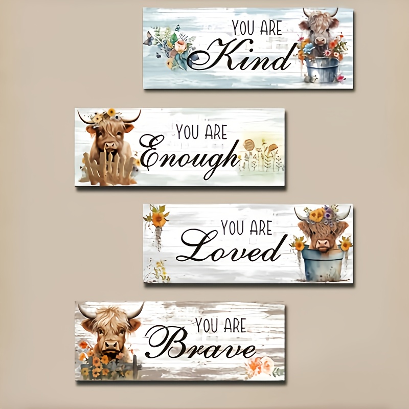 TEMU Set Of 4 Wooden Highland Cow Wall Decorations, Farmhouse Wall Art Featuring Uplifting Quotes , , Kindness, And Positivity. Each Piece Measures