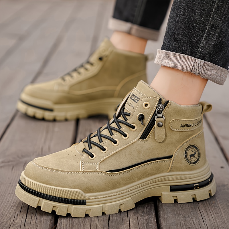 mens khaki grey beige high top casual sports ankle boots  display picture 2