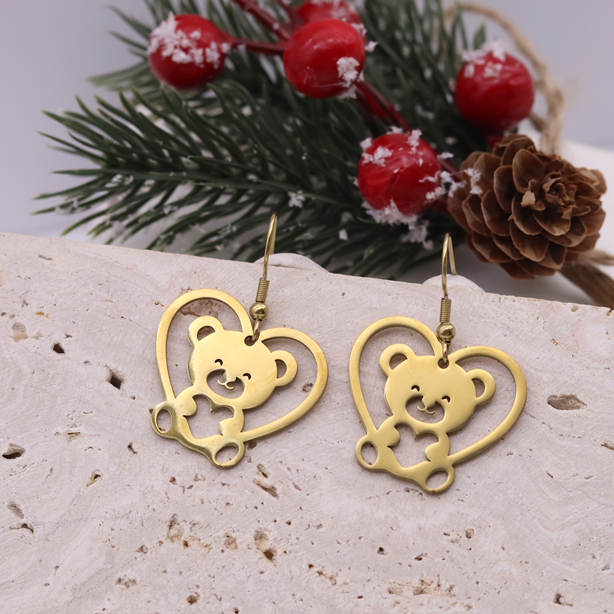 Hollow Heart Bear Earrings, Cute Animal Gift