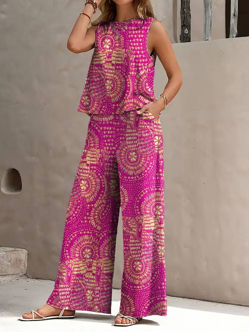 linen texture suit hand drawing print round neck sleeveless top pants simple side pocket casual and fashionable suit