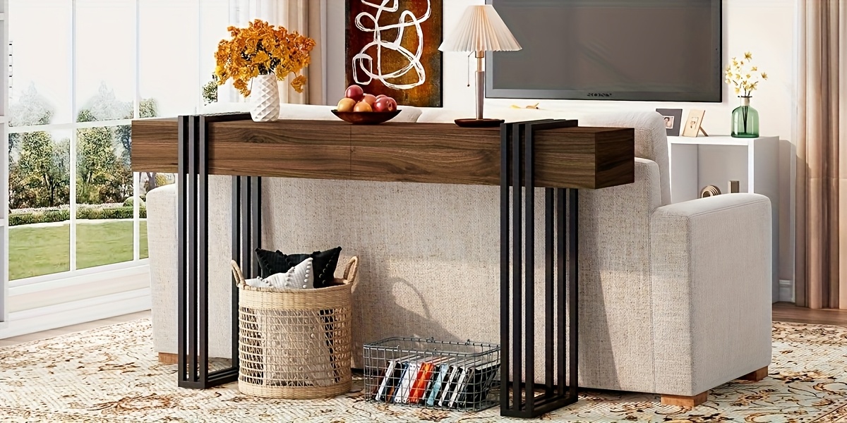 Industrial 63-Inch Long Console Table for Entryway 13 Metal Frame and Wood Top Detail