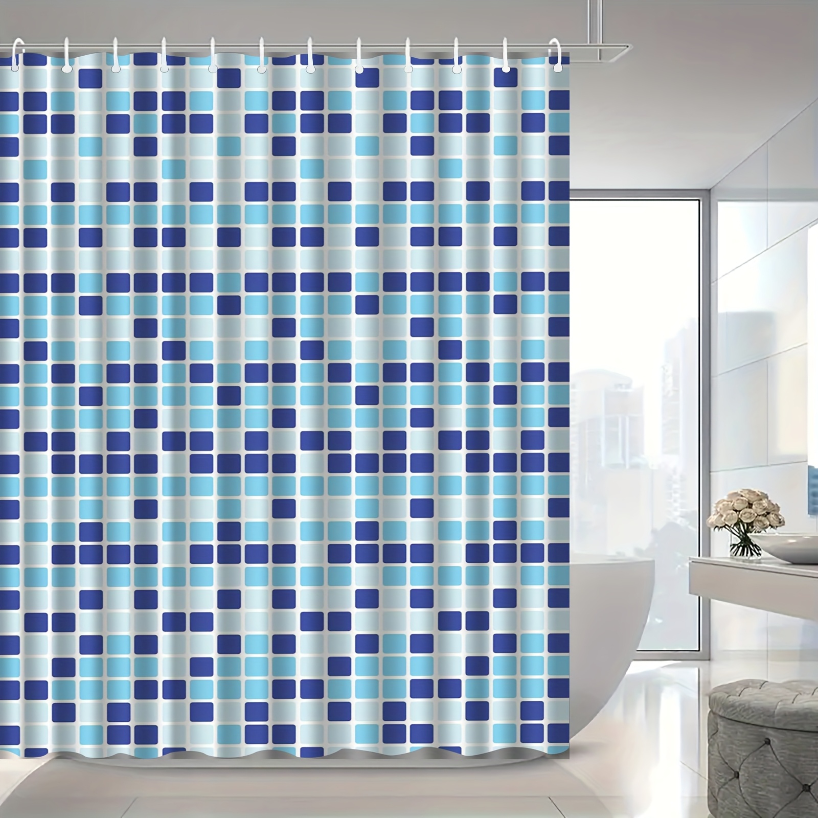Blue and White Square Pattern Shower Curtain with Hooks, Washable