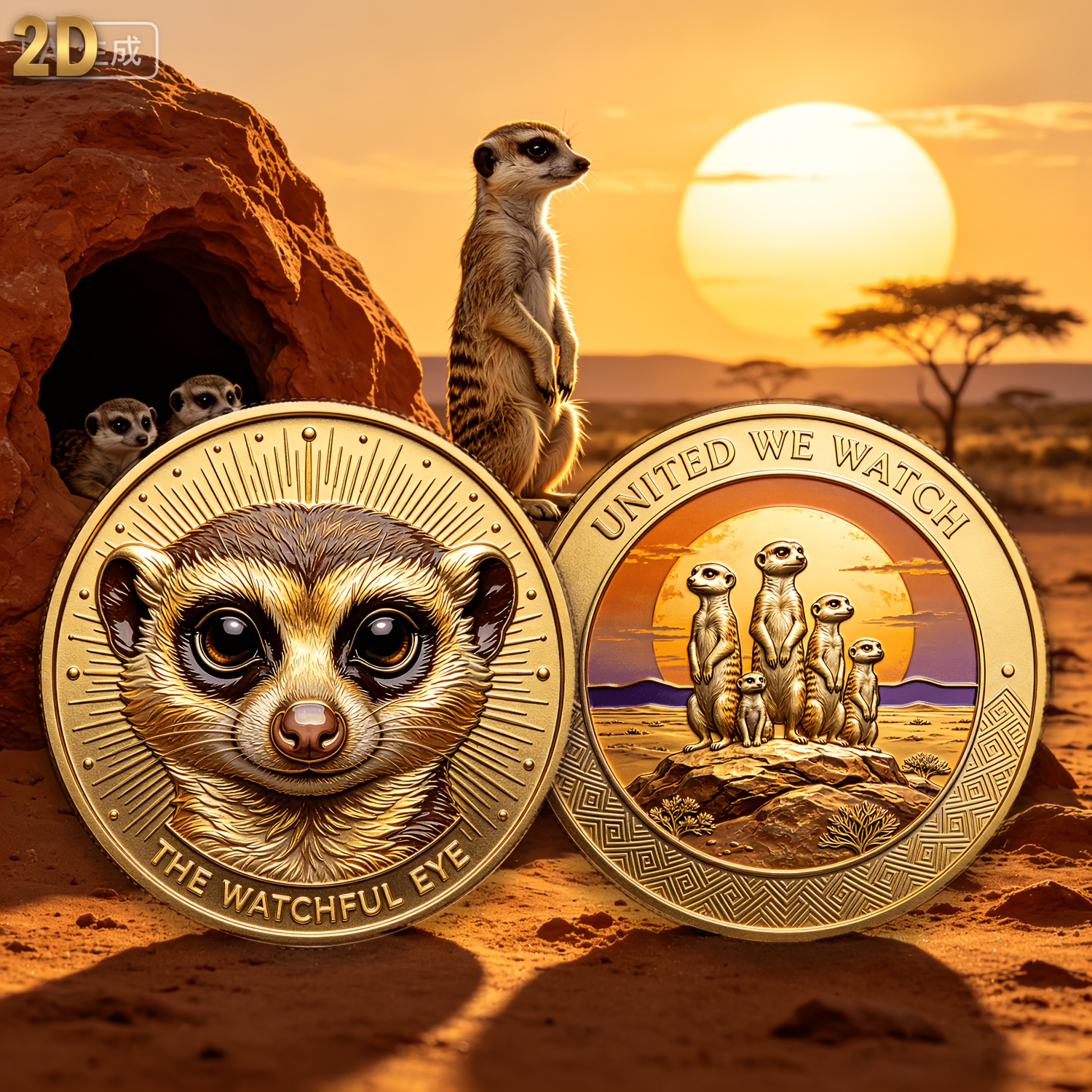 TEMU 1pc, 2d, High-rated African Fox Theme Creative Exquisite Commemorative Coin, Family Guardian Scene Double-sided Design, Suitable For Nature