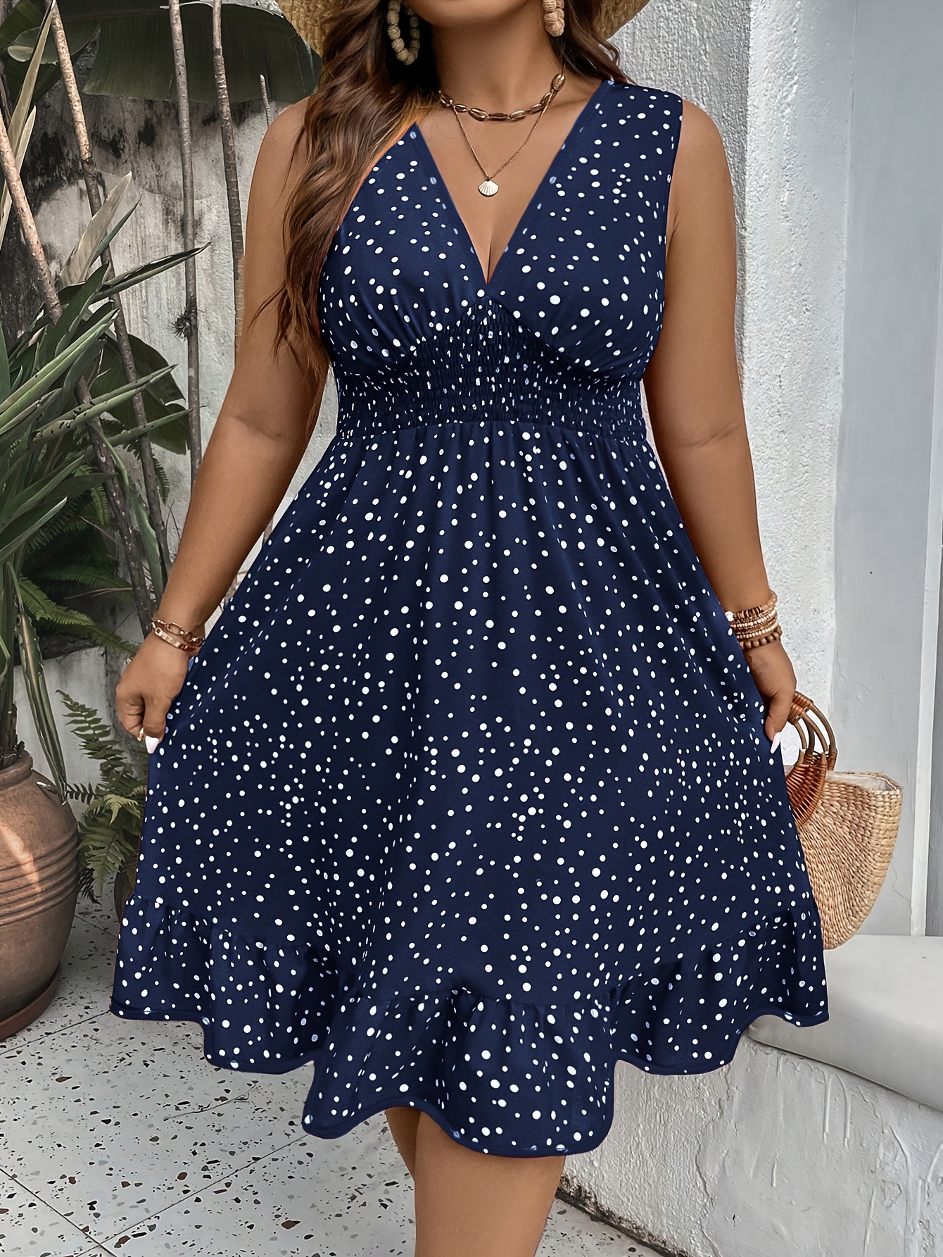 Navy blue polka dot dress plus size best sale