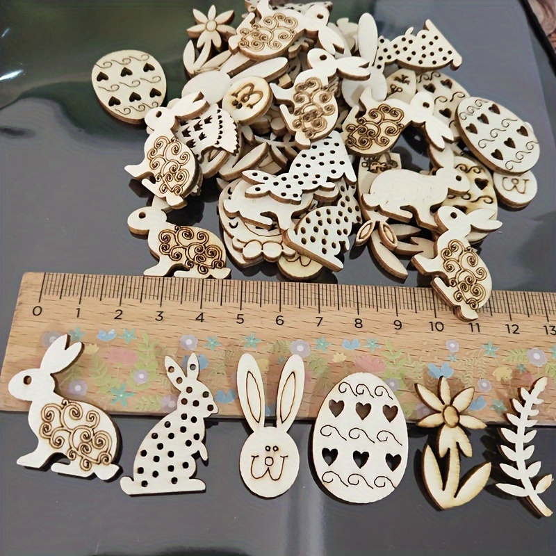 

50pcs Wooden Easter Ornaments Set - Assorted Bunny, Chick, & Egg Designs With Hanging Tags - Crafts & Party Decorations