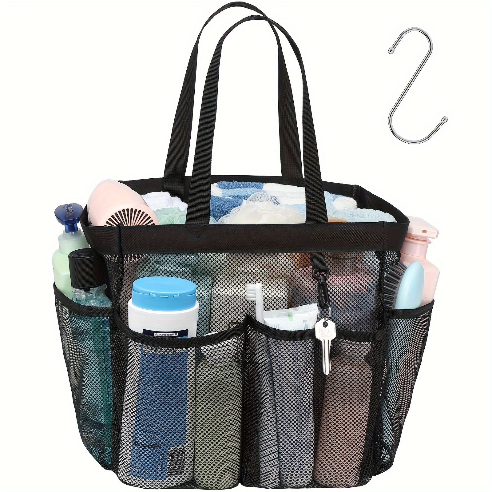 TEMU Large Black Mesh Shower Caddy With 8.3" Pockets, Dual Handles & S Hook - Portable Bathroom Organizer Tote For College Dorms, Gym, Rv, And Camping, Bathroom Organizers And Storage