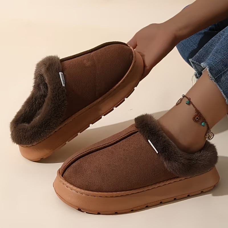 TEMU Pantoufles chaudes confortables en peluche à semelle épaisse pour cheveux courts, usage intérieur et extérieur, chaussures pour femmes