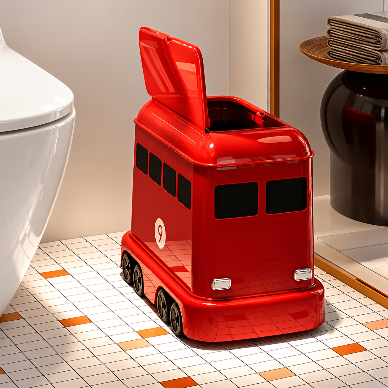 Image of 12l Bus-shaped Wastebasket With 8 Wheels, Push-button Lid And Removable Inner Bucket, Decorative Waste Paper Bin For Office, Bedroom, Living Room, Bathroom And Home