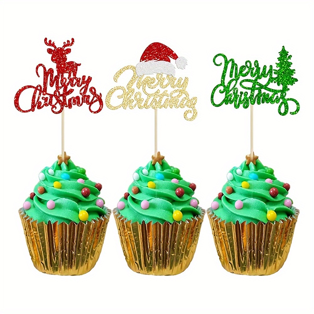 Image of 12pcs Merry Christmas Cupcake Toppers Glitter Xmas Tree Santa Hat Deer Merry Christmas Cupcake Picks Decorations For Winter Christmas Theme Xmas Holiday Birthday Party Cake Decoration Supplies