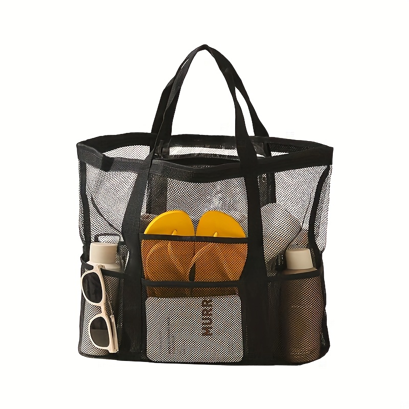 TEMU Single-shoulder Mesh Shower Fitness Swimming Bag With 9 Pockets For Cosmetic Storage, Single-shoulder Bag With Check Pattern, Mesh Beach Bag For