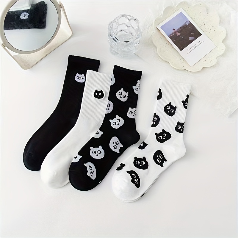 

4 Pairs Print Socks, Cute College Style All- Mid Tube Socks For Fall & Winter, Women's Stockings & Hosiery