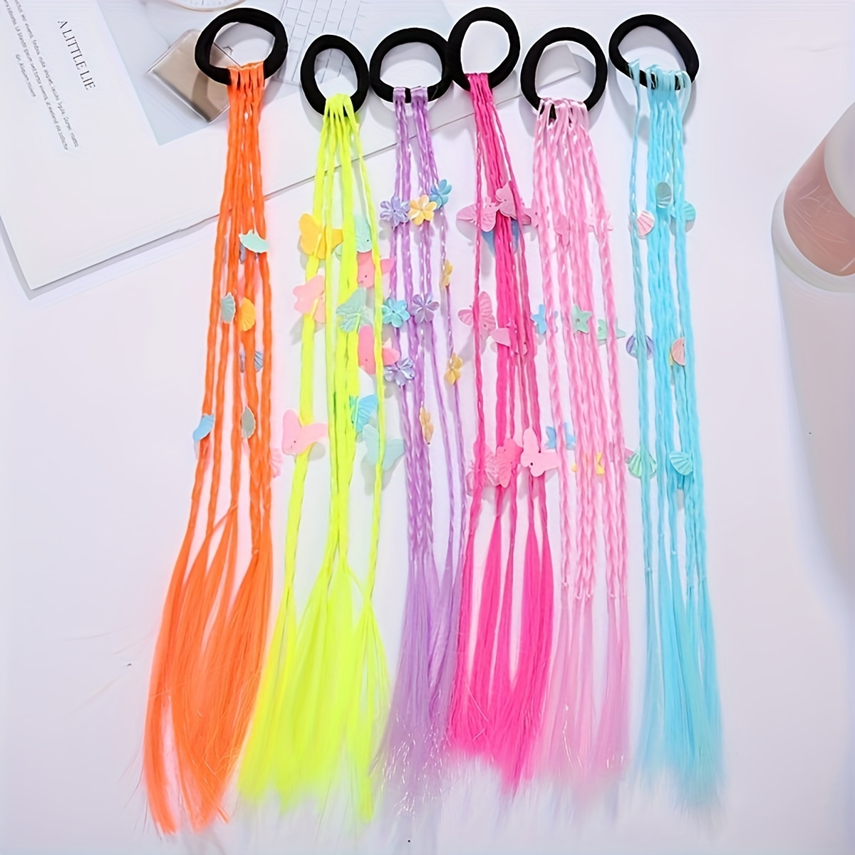 

6-pack, 12-inch Colorful Hair Braids With Elastic Bands, Assorted Bright Hair Ties For Ponytail, Synthetic Braided Hair Extensions For Women, Mixed Colors With Random Flower Accents For Music Festival